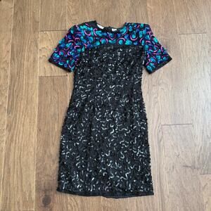 Vintage 90s black blue and pink sequin dress Lawrence Kazar